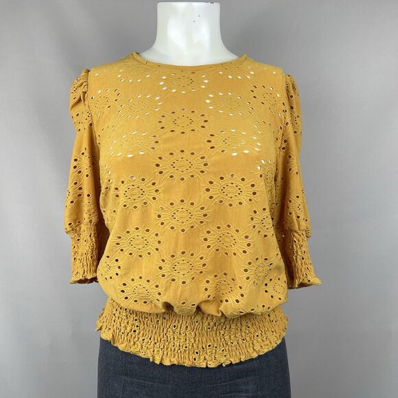 Lark and Grey Eyelet Blouse/Top Women's XL Yellow Cottage Fairy Modern Boho - Picture 11 of 13
